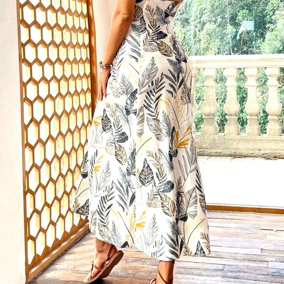 NARROW STRAP HIGH LOW CINCHED AT WAIST FOREST PRINT MIDI DRESS IN GREENS & BROWN - Picture 4 of 4